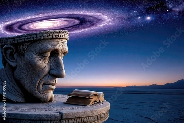 Obraz Surreal Sculpture of Contemplative Man with Galaxy Above in a Dreamlike Landscape at Dusk
