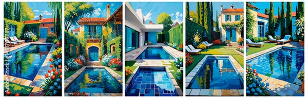 Fototapeta Tranquil Backyard Oasis: Swimming Pool, Colorful Flowers, and Mediterranean Architecture. The image shows a serene backyard swimming pool on a sunny day. The pool has clear blue water that reflects th