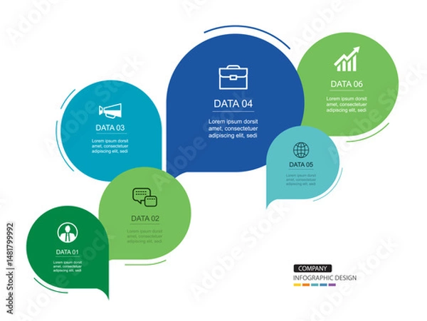 Fototapeta Infographics speech bubbles timeline with 6 number data template. Illustration abstract background.