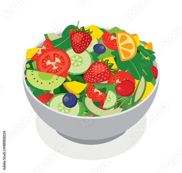 Fototapeta Fruit salad and vegetable in bowl on white background.
