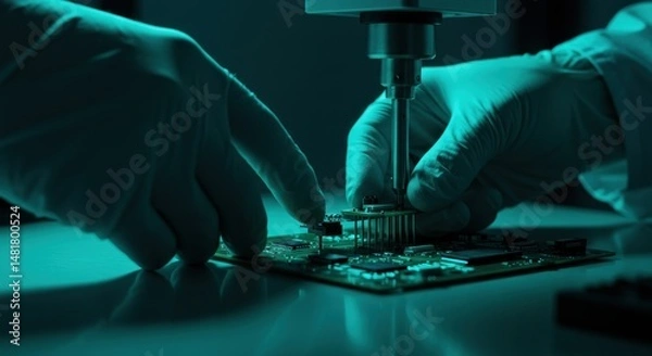Fototapeta Sophisticated engineering: gloved hands meticulously assembling intricate electronic components