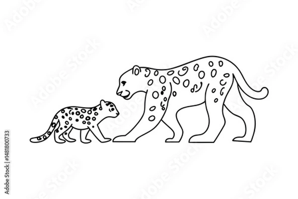 Fototapeta Mother leopard with cub walking together simple black and white line art illustration