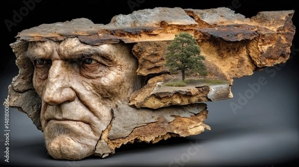 Fototapeta Unveiling Ancient Emotions: A Striking Sculptural Representation of Nature and Humanity in a Rustic Rock Formation