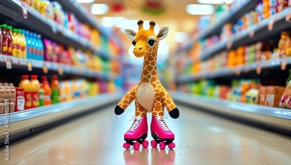 Fototapeta Giraffe on Rollerskates in a Supermarket Aisle