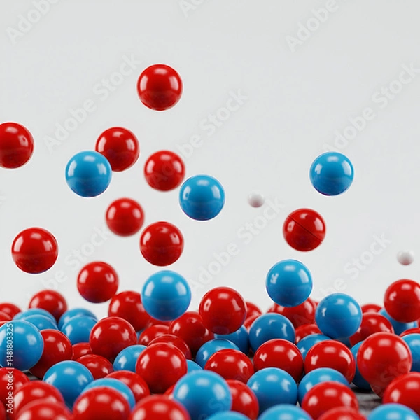 Obraz Red and blue spheres in mid-air descent onto a white background. Abstract, vibrant, and dynamic display of the spheres falling in a playful fashion.