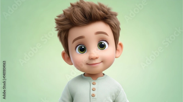 Fototapeta Cartoon 3d avatar profile icon boy smiling with big green eyes