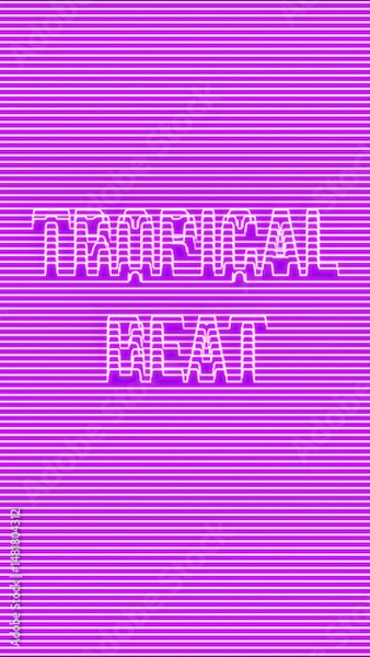 Fototapeta Tropical Beat phrase in glowing striped typography over a vibrant neon purple background, combining retro aesthetics and digital summer energy in a futuristic stacked layout.