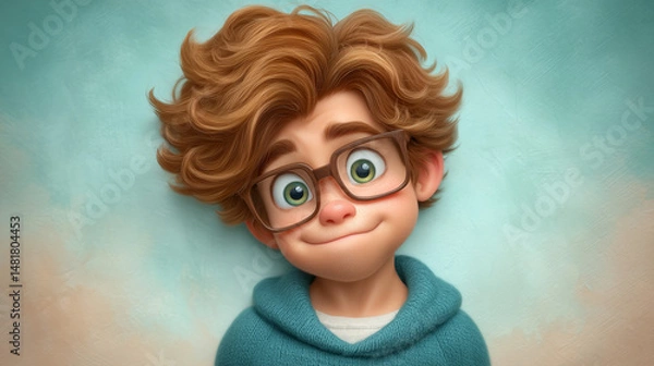 Fototapeta Cartoon 3d avatar profile icon glasses boy smiling on textured background