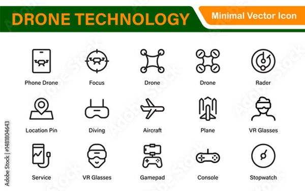Fototapeta Modern Drone Technology Icons – Clean Outline, Line Art, and Vector Illustrations for Drones, UAVs, Aerial Robotics, and Digital Platforms