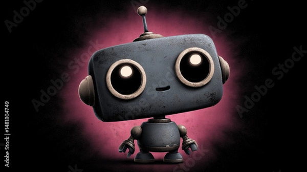 Fototapeta Futuristic cartoon ai robot kid with big eyes on dark background