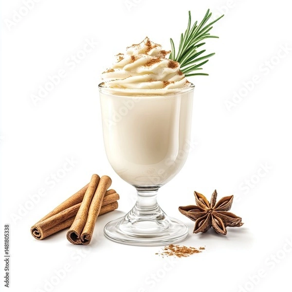 Fototapeta Creamy eggnog in a glass, topped with whipped cream and garnished with rosemary