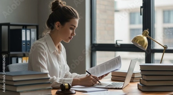 Fototapeta Focused legal professional reviewing documents in modern office environment