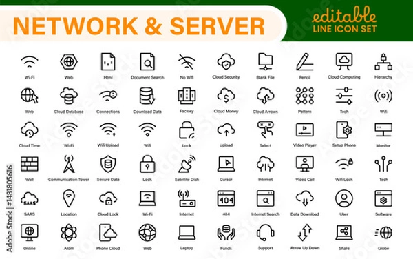 Fototapeta Database Network and Server Management Icon Set – Minimal Line Vector Illustrations for IT, Networking, Cloud, Servers, Security, and Digital Solutions