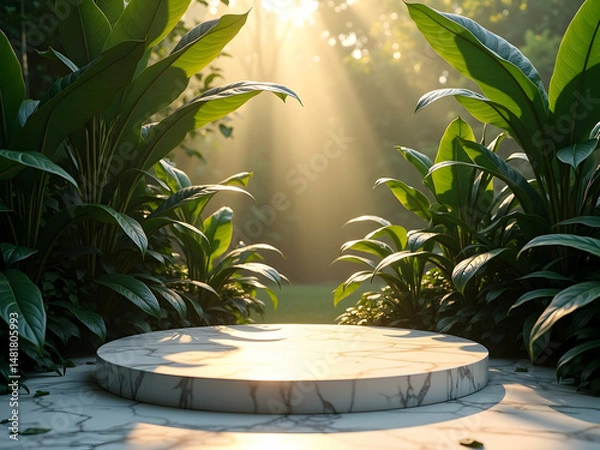 Fototapeta Sunlit Serenity, A Marble Platform Surrounded by Lush Greenery and a Golden Sunbeam Creates a Tranquil and Inviting Space for Product Showcasing and Peaceful Contemplation