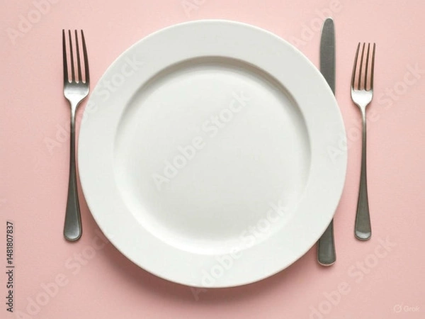 Fototapeta Simple Place Setting with White Plate and Silverware