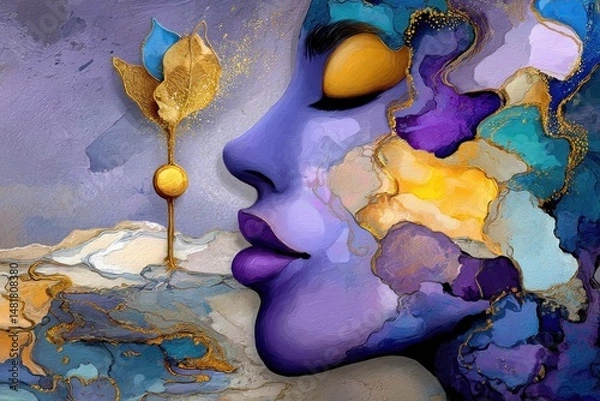 Obraz Abstract Art Featuring a Vibrant Female Profile with Colorful Brushstrokes and Floral Element in Purple, Blue, and Gold Tones