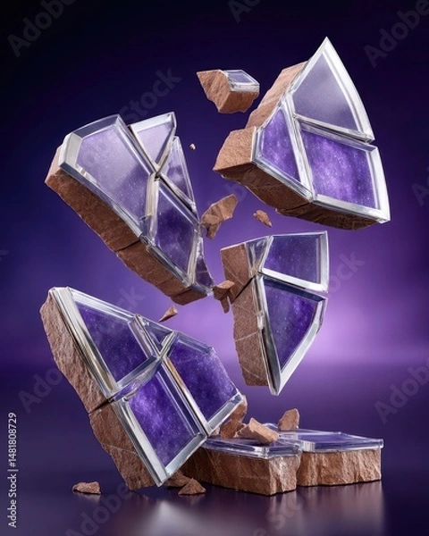 Obraz Stunning 3D Render of Floating Fractured Crystal Geode Pieces with Purple Surface and Shiny Reflection on Dark Background