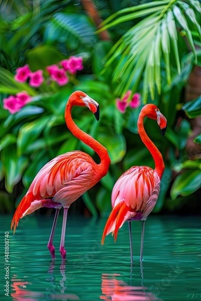 Fototapeta Vibrant Pink Flamingos Gracefully Standing in Tranquil Water Surrounded by Lush Greenery and Tropical Flowers Evoking a Serene Safari Experience