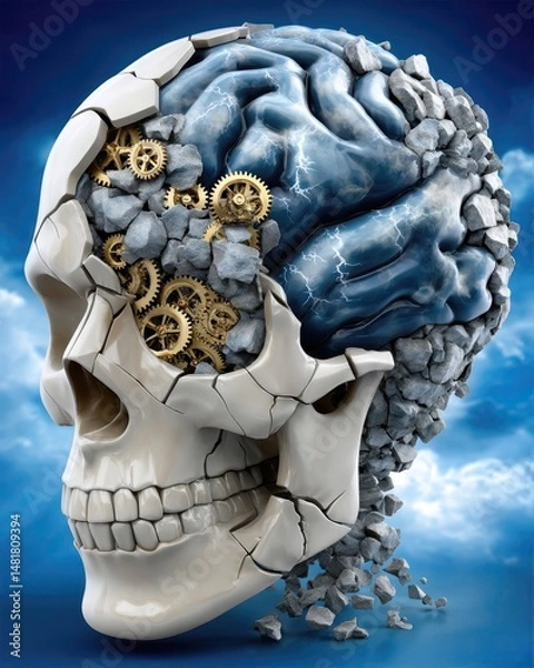 Obraz Surreal Concept of Human Skull with Gears and Cracked Brain Representing Intelligence and Creativity in a Fantasy World