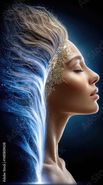 Obraz Ethereal Portrait of a Woman with Golden Accents and Flowing Light, Capturing the Essence of Beauty and Dreamlike Imagery in a Dark Background