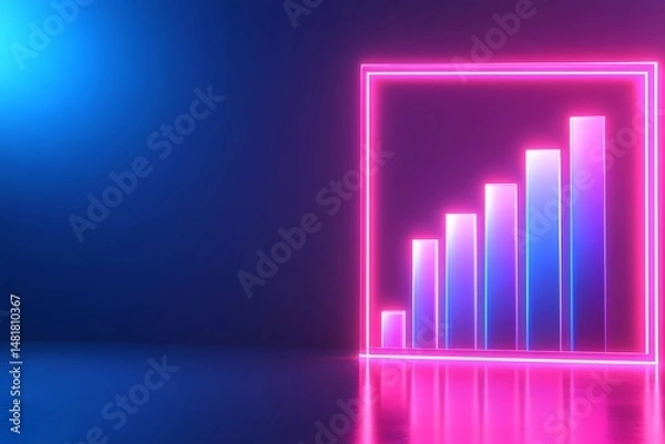 Fototapeta A bar graph with glowing neon lines, 3D render, minimalistic, white background, blue and purple gradients