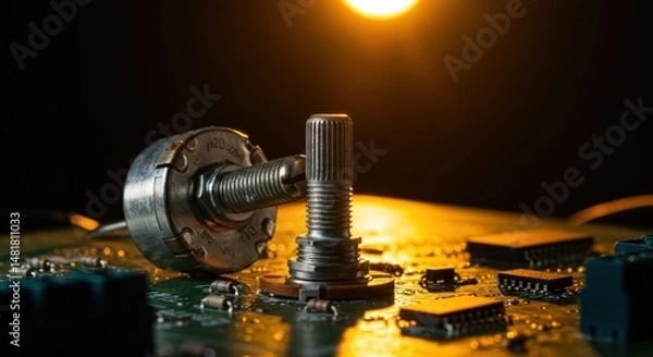 Fototapeta Intricate macro shot of potentiometer and electronic components on circuit board
