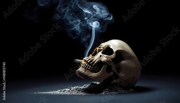 Obraz Skull exhales ethereal smoke in an evocative dark still life composition with stark contrast. Concept for No Tobacco Day.