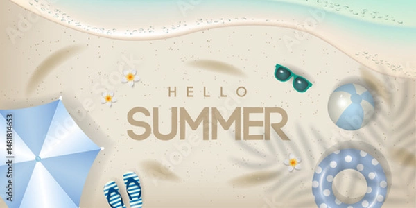 Fototapeta Hello Summer banner template with beach elements such as umbrella,  a beach ball, swim ring, sunglasses, flip-flips, flowers on sand
