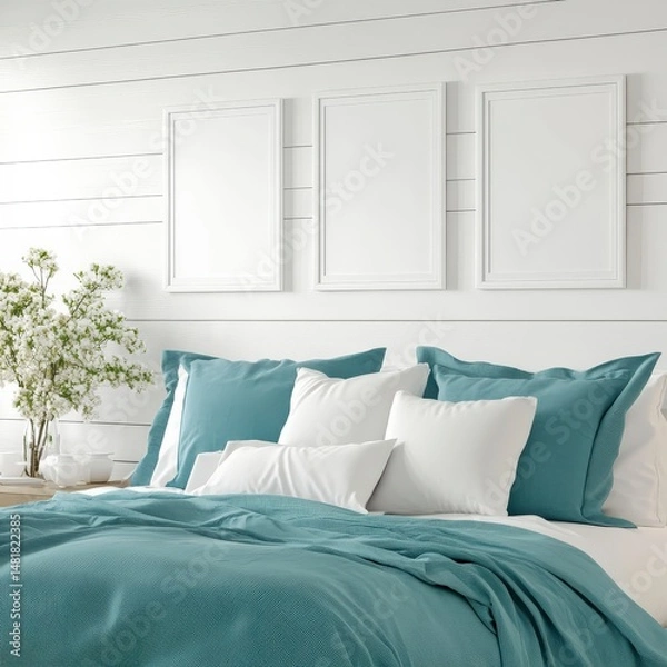 Fototapeta Teal bedding and pillows on a bed in a bright bedroom with white walls and white framed pictures. A small flowering plant sits on a side table.