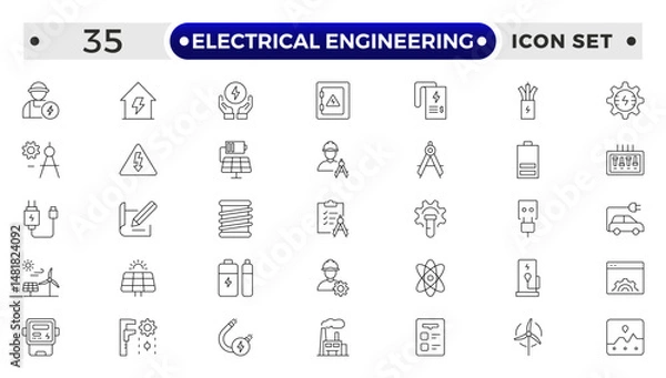 Fototapeta Electrical Engineering outline Icons set. Vector illustration in modern thin line style of technologies related icons: blueprint, engineer, manufacturing, and more.