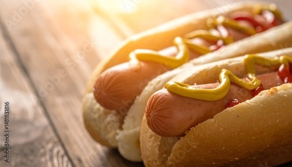 Fototapeta hot dogs with ketchup and mustard on wood background