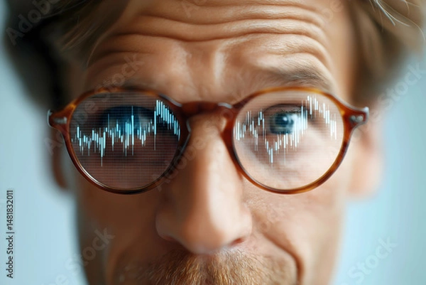 Obraz A man with glasses, reflecting soundwave or audio graph patterns, looks forward with curiosity and focus.