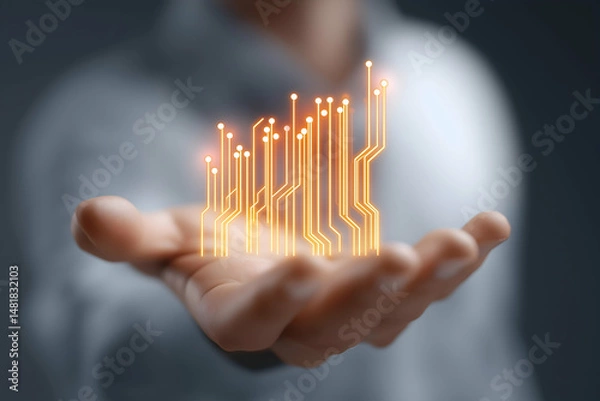 Obraz A glowing digital circuit graphic floats above an open human hand, symbolizing technology and innovation.