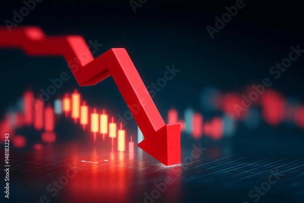 Obraz A large red arrow points downward over a digital financial chart, representing a sharp market decline or economic downturn.