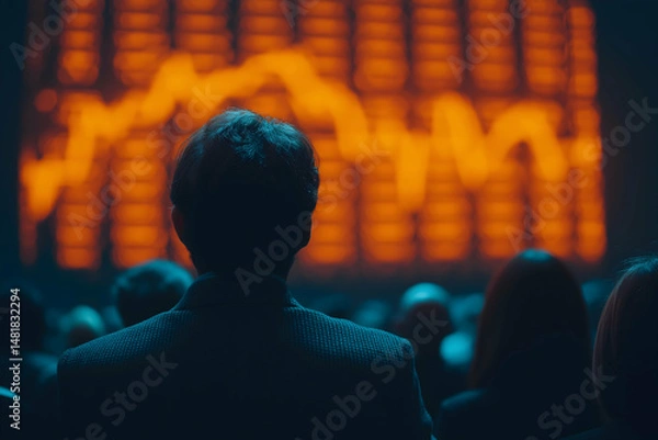 Obraz A person observes a large screen displaying an orange fluctuating graph in a dark, crowded setting.
