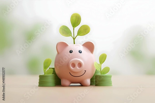 Obraz A pink piggy bank with green plants and coin stacks symbolizes savings and financial growth.