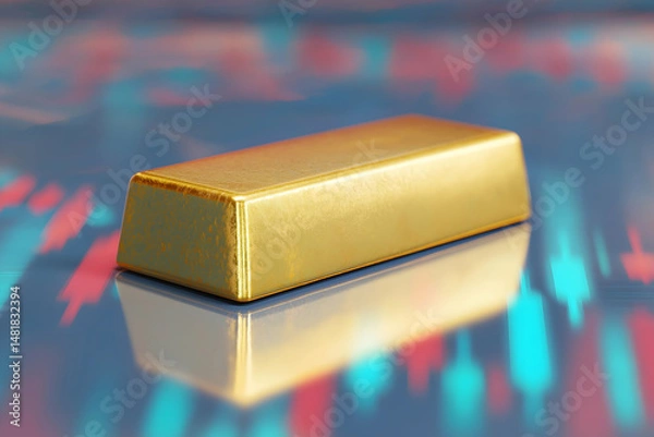Obraz A shiny gold bar sits on a reflective surface with colorful financial chart patterns in the background.