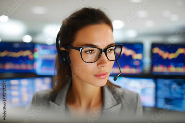 Obraz Focused woman with headset and glasses working at multiple computer monitors displaying financial charts.
