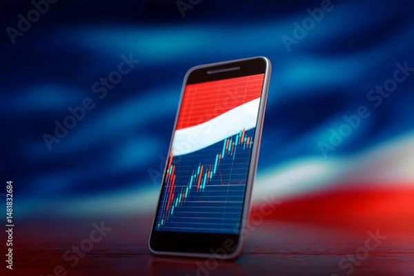 Obraz A smartphone displays a stock market chart with a trend line, set against a blurred background resembling the colors of the Russian flag.