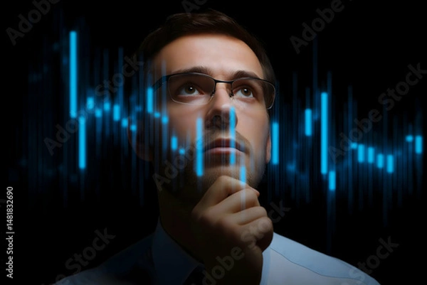 Obraz A thoughtful man analyzes glowing digital financial charts in a dark setting, suggesting data analysis or stock market strategy.