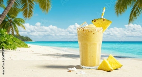 Fototapeta Refreshing tropical pineapple smoothie with a straw on a beach with palm trees and ocean view