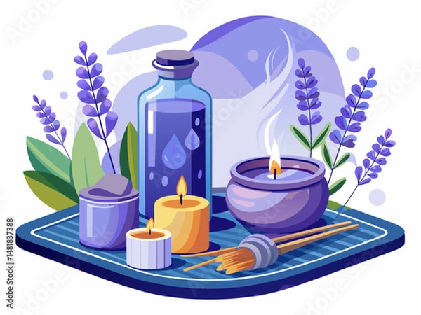 Fototapeta A scented candle and lavender oil bottle on a tray. White background, relaxing sleep environment
