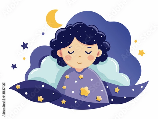 Fototapeta A person sleeping under a fluffy duvet with stars above. White background, peaceful night sleep illustration