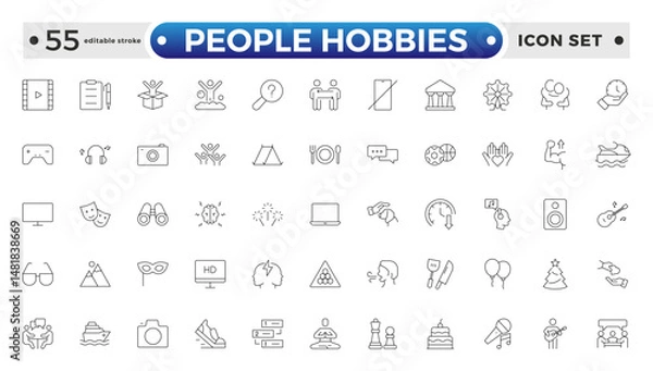 Fototapeta People Hobbies outline Icons set. Vector illustration in modern thin line style of human life-related icons: nutrition, entertainment, personal development, daily routine. Editable stroke outline icon