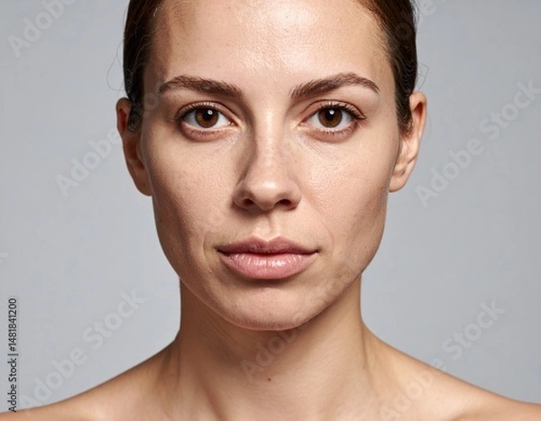 Fototapeta Close-up portrait of a woman without makeup, staring directly at the camera with a tough, unapologetic expression. Natural beauty and raw emotion.

