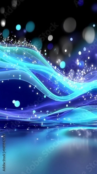 Fototapeta Glowing blue waves with sparkling particles on a dark background