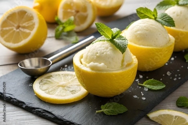 Fototapeta Refreshing Lemon Sorbet in Hollowed Lemons with Mint on Dark Stone Background