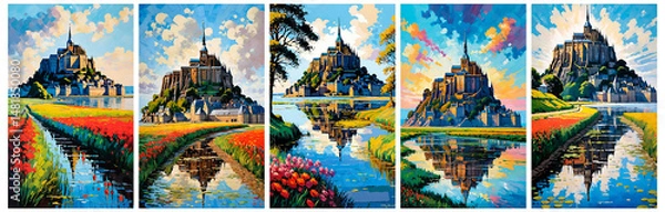 Fototapeta Majestic Island Sanctuary: Medieval Architecture Reflected in Calm Waters. The image shows a grand, medieval-style structure situated on a rocky islet, surrounded by water. The architecture includes n