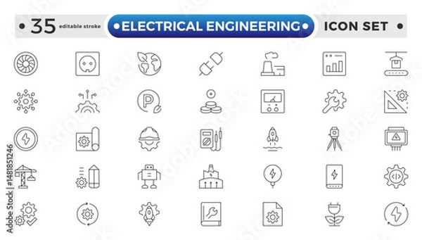 Fototapeta Electrical Engineering outline Icons set. Vector illustration in modern thin line style of technologies related icons: blueprint, engineer, manufacturing, and more. Editable stroke outline icon.
