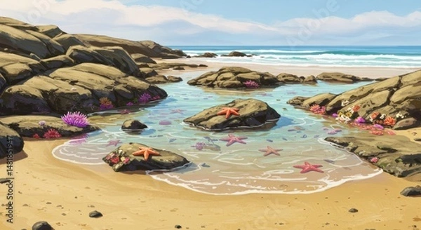 Fototapeta Starfish on Rocky Beach with Tide Pools Art